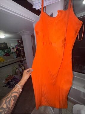 Fashion Nova Neon Orange Ribbed Bodycon Mini Dress